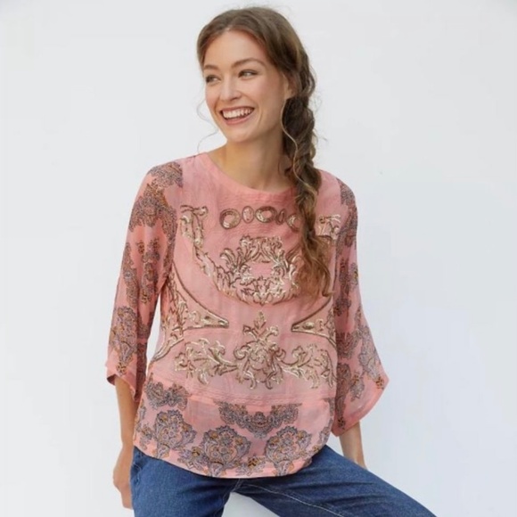 Elegant {Anthro} Beaded <Ignacia> Blouse | Sheer Pink Orange Sequin Top | Small - Picture 1 of 16